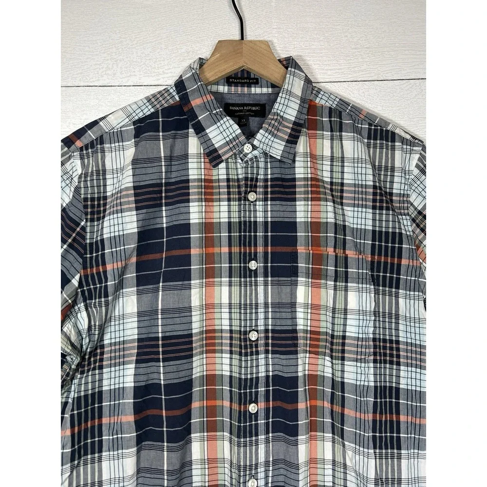 Banana Republic Standard Fit 100% Cotton Orange Blue Plaid Short Sleeve Shirt XL
